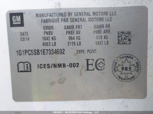 2014 Chevrolet Cruze Lt მანქანა იყიდება აუქციონზე, vin: 1G1PC5SB1E7334692, აუქციონის ნომერი: 12639421