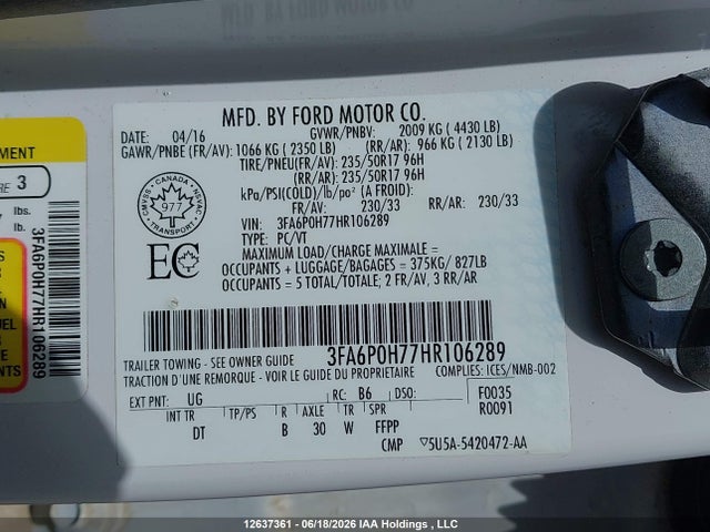 12637361 :رقم المزاد ، 3FA6P0H77HR106289 vin ، 2017 Ford Fusion Se مزاد بيع