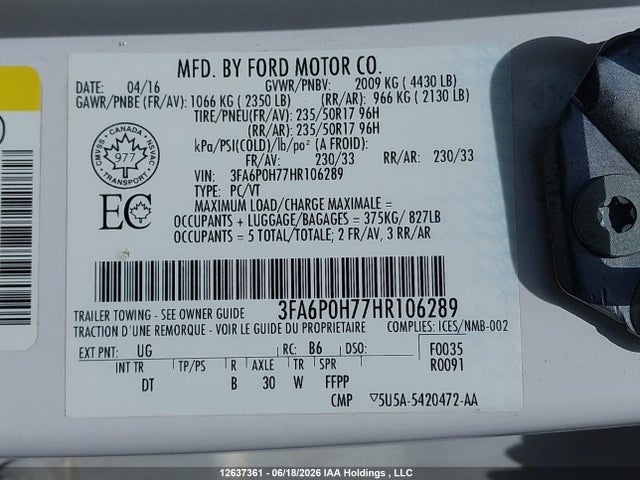 12637361 :رقم المزاد ، 3FA6P0H77HR106289 vin ، 2017 Ford Fusion Se مزاد بيع