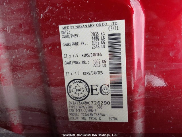 Продаж на аукціоні авто 2021 Nissan Rogue S, vin: 5N1AT3AA8MC726290, номер лоту: 12625660