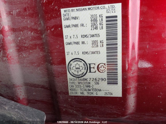 Продаж на аукціоні авто 2021 Nissan Rogue S, vin: 5N1AT3AA8MC726290, номер лоту: 12625660
