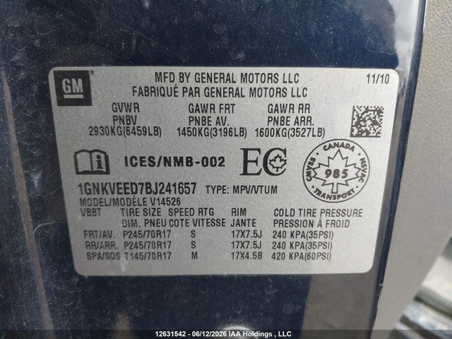 Aukcja sprzedaży 2011 Chevrolet Traverse 1ls, vin: 1GNKVEED7BJ241657, numer aukcji: 12631542