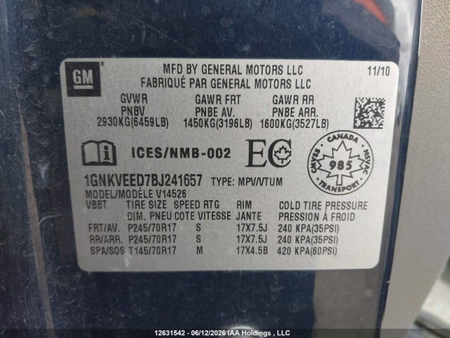 Aukcja sprzedaży 2011 Chevrolet Traverse 1ls, vin: 1GNKVEED7BJ241657, numer aukcji: 12631542