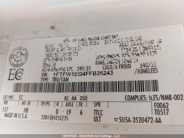 12618763 :رقم المزاد ، 1FTFW1EG4FFB26243 vin ، 2015 Ford F-150 Lariat مزاد بيع