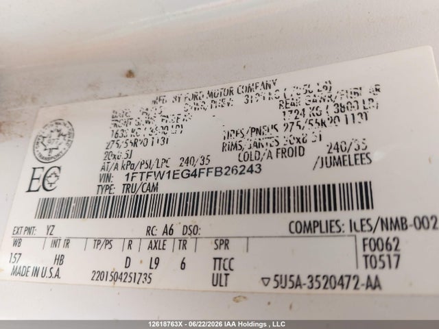 12618763 :رقم المزاد ، 1FTFW1EG4FFB26243 vin ، 2015 Ford F-150 Lariat مزاد بيع