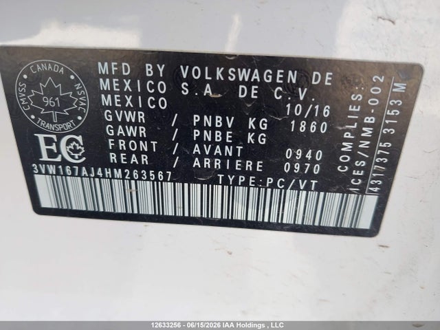 Aukcja sprzedaży 2017 Volkswagen Jetta 1.4 Tsi Trendline/1.4 Tsi Trendline+, vin: 3VW167AJ4HM263567, numer aukcji: 12633256