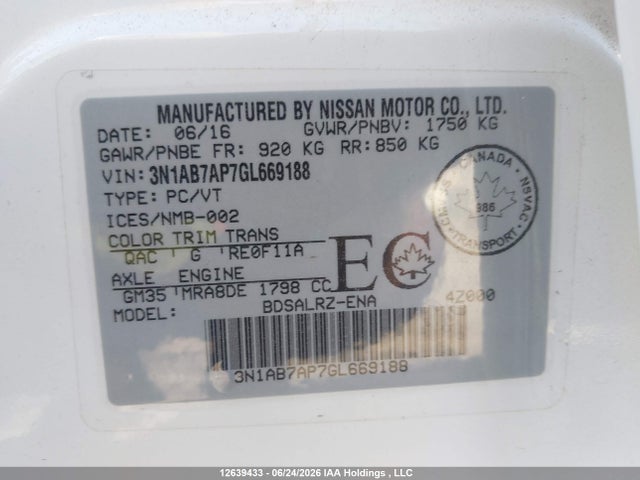 Aukcja sprzedaży 2016 Nissan Sentra S/sv/sr/sl, vin: 3N1AB7AP7GL669188, numer aukcji: 12639433