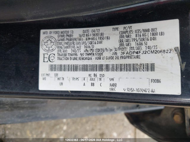 Продажа на аукционе авто 2012 Ford Fiesta Ses, vin: 3FADP4FJ2CM206822, номер лота: 12632363
