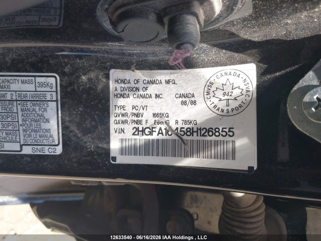 12633540 :رقم المزاد ، 2HGFA16458H126855 vin ، 2008 Honda Civic Dx-g مزاد بيع
