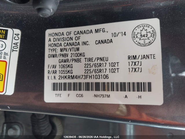 Продаж на аукціоні авто 2015 Honda Cr-v Ex-l, vin: 2HKRM4H73FH103106, номер лоту: 12639435