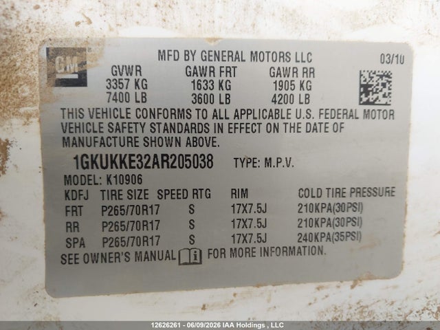 2010 Gmc Yukon Xl 1500 Slt მანქანა იყიდება აუქციონზე, vin: 1GKUKKE32AR205038, აუქციონის ნომერი: 12626261