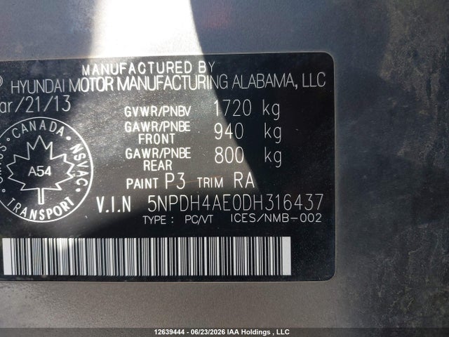 2013 Hyundai Elantra Gl მანქანა იყიდება აუქციონზე, vin: 5NPDH4AE0DH316437, აუქციონის ნომერი: 12639444