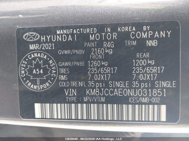 Продаж на аукціоні авто 2022 Hyundai Tucson Sel, vin: KM8JCCAE0NU031851, номер лоту: 12639445