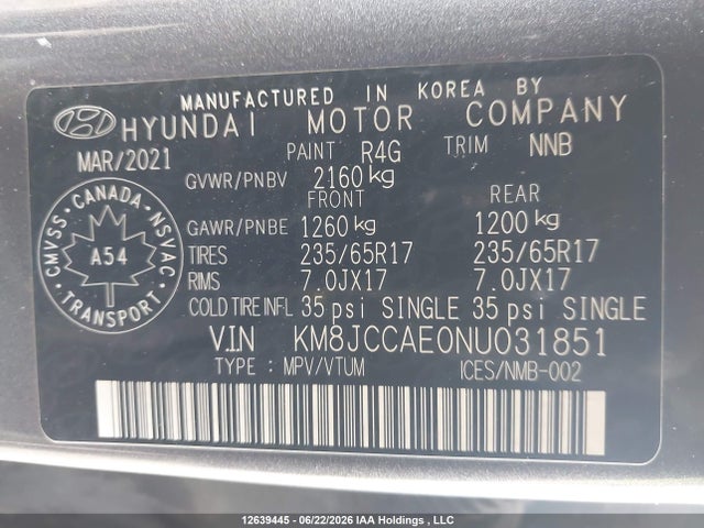 Продаж на аукціоні авто 2022 Hyundai Tucson Sel, vin: KM8JCCAE0NU031851, номер лоту: 12639445