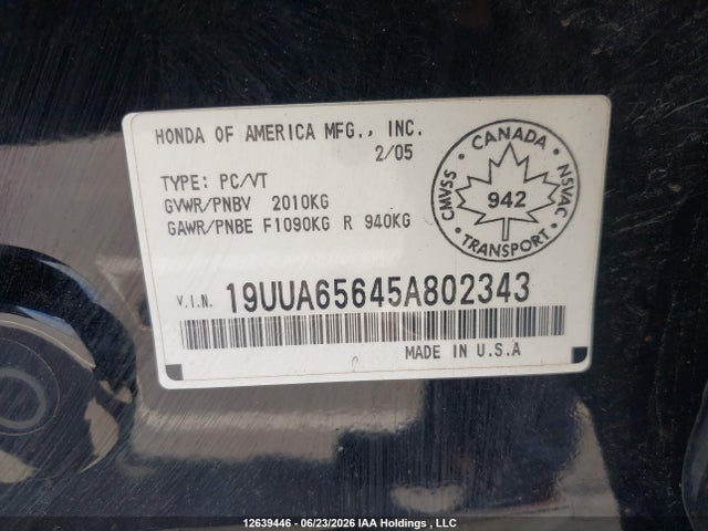 12639446 :رقم المزاد ، 19UUA65645A802343 vin ، 2005 Acura Tl مزاد بيع