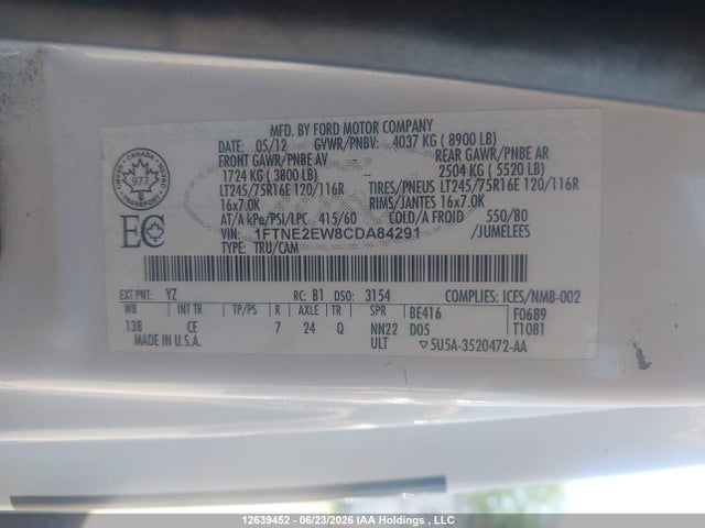 12639452 :رقم المزاد ، 1FTNE2EW8CDA84291 vin ، 2012 Ford Econoline E250 Van مزاد بيع