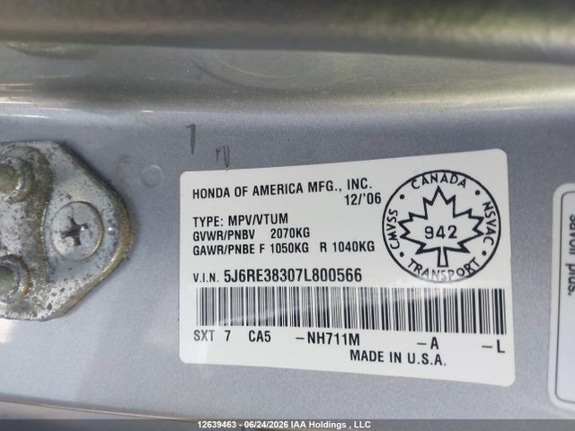 2007 Honda Cr-v Lx მანქანა იყიდება აუქციონზე, vin: 5J6RE38307L800566, აუქციონის ნომერი: 12639463