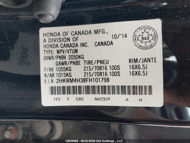 2015 Honda Cr-v Lx მანქანა იყიდება აუქციონზე, vin: 2HKRM4H38FH101798, აუქციონის ნომერი: 12639468