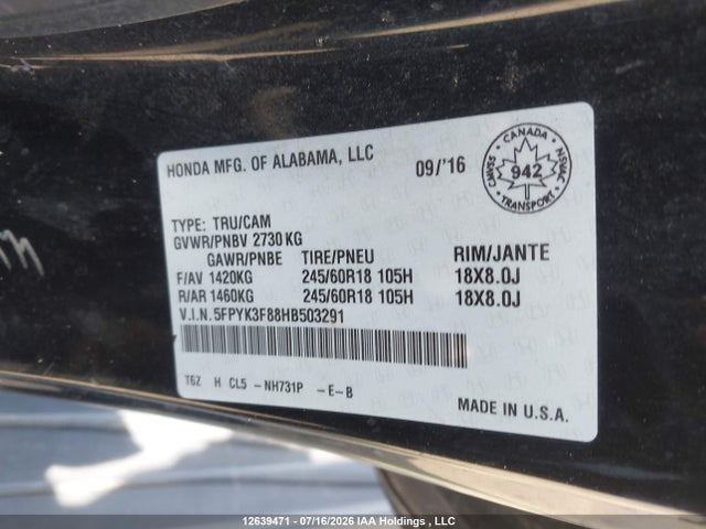 5FPYK3F88HB503291 Honda Ridgeline