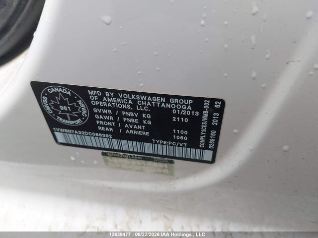 12639477 :رقم المزاد ، 1VWBN7A32DC086392 vin ، 2013 Volkswagen Passat Se مزاد بيع