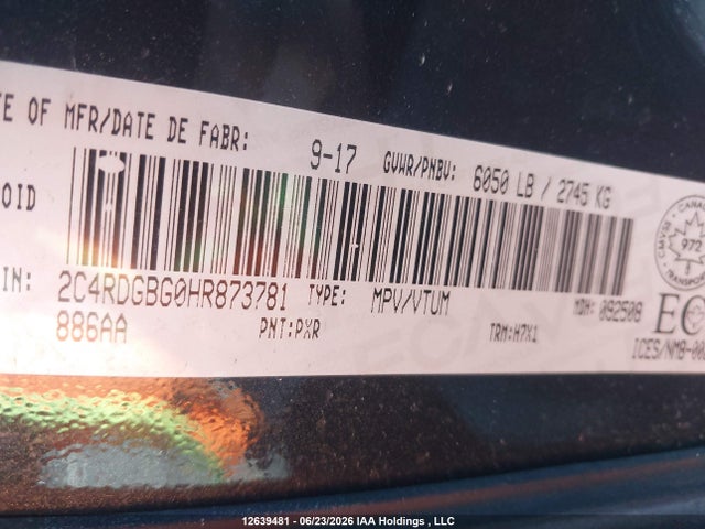 Aukcja sprzedaży 2017 Dodge Grand Caravan Se, vin: 2C4RDGBG0HR873781, numer aukcji: 12639481
