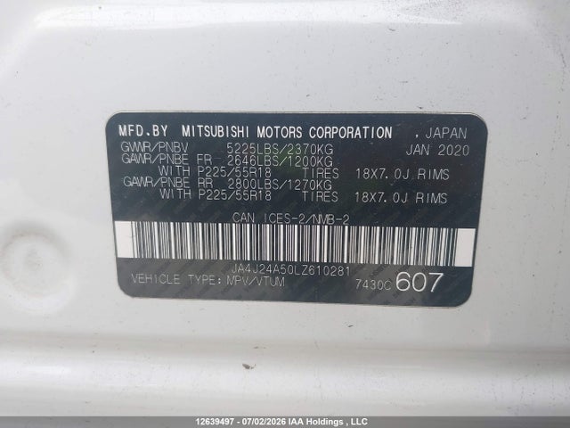Aukcja sprzedaży 2020 Mitsubishi Outlander Sel/gt/fe, vin: JA4J24A50LZ610281, numer aukcji: 12639497