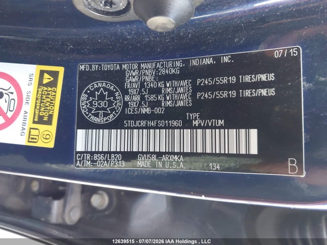 2015 Toyota Highlander Hybrid/xle მანქანა იყიდება აუქციონზე, vin: 5TDJCRFH4FS011960, აუქციონის ნომერი: 12639515