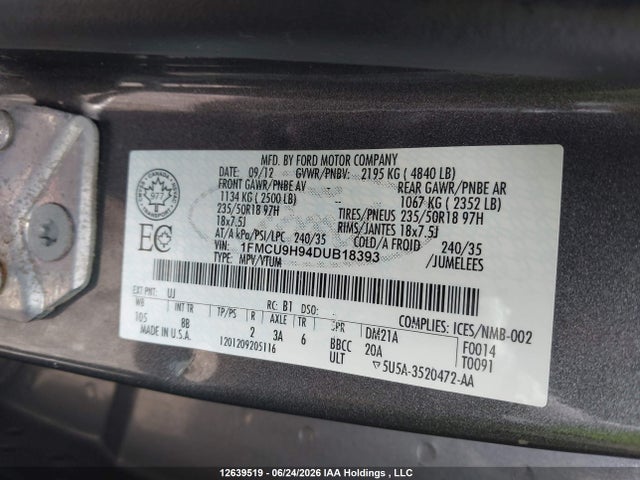 12639519 :رقم المزاد ، 1FMCU9H94DUB18393 vin ، 2013 Ford Escape Sel مزاد بيع