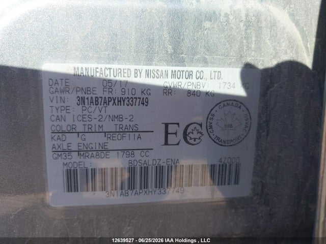 Aukcja sprzedaży 2017 Nissan Sentra 1.8 S/1.8 Sl/1.8 Sv, vin: 3N1AB7APXHY337749, numer aukcji: 12639527