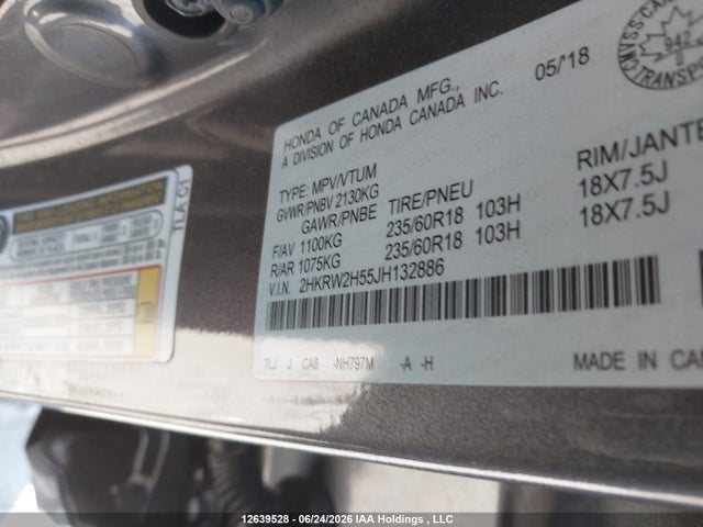 2018 Honda Cr-v Ex მანქანა იყიდება აუქციონზე, vin: 2HKRW2H55JH132886, აუქციონის ნომერი: 12639528