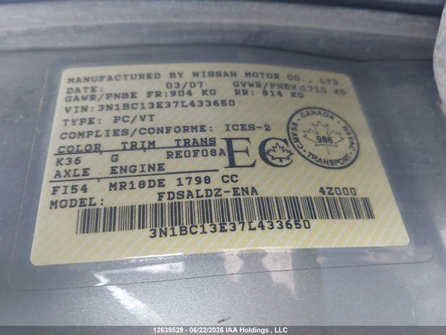 Aukcja sprzedaży 2007 Nissan Versa 1.8sl, vin: 3N1BC13E37L433650, numer aukcji: 12639529