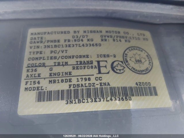 Aukcja sprzedaży 2007 Nissan Versa 1.8sl, vin: 3N1BC13E37L433650, numer aukcji: 12639529