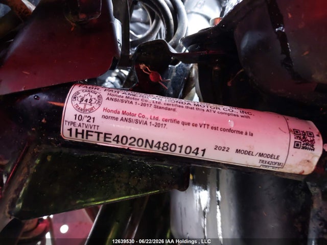 2022 Honda Trx420 Fm მანქანა იყიდება აუქციონზე, vin: 1HFTE4020N4801041, აუქციონის ნომერი: 12639530