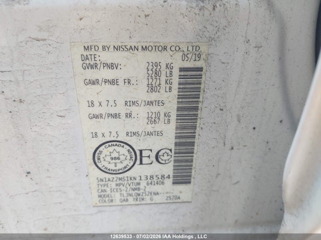 Aukcja sprzedaży 2019 Nissan Murano Platinum/sl/sv, vin: 5N1AZ2MS1KN138584, numer aukcji: 12639533