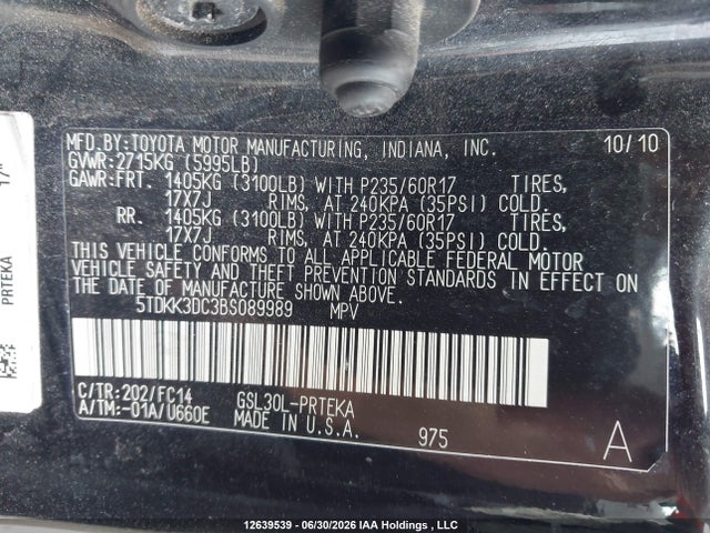 2011 Toyota Sienna Le მანქანა იყიდება აუქციონზე, vin: 5TDKK3DC3BS089989, აუქციონის ნომერი: 12639539