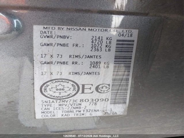 Продаж на аукціоні авто 2018 Nissan Rogue Midnight Edition/s/sl/sl W/propilot Assist/sv, vin: 5N1AT2MV7JC803090, номер лоту: 12639540