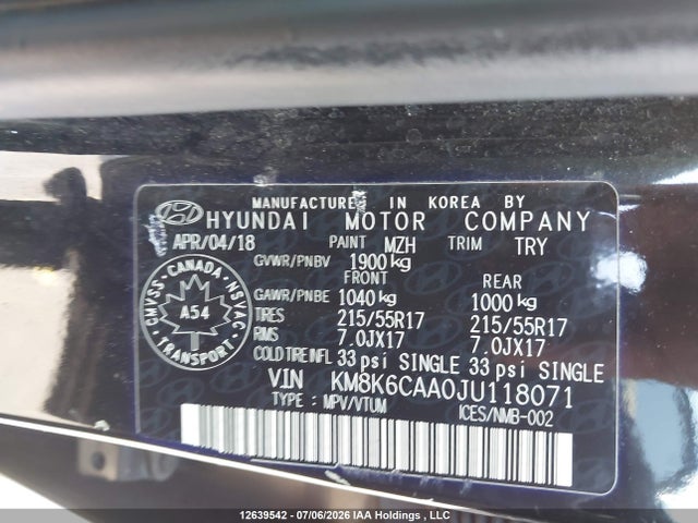 Aukcja sprzedaży 2018 Hyundai Kona 2.0l Luxury, vin: KM8K6CAA0JU118071, numer aukcji: 12639542