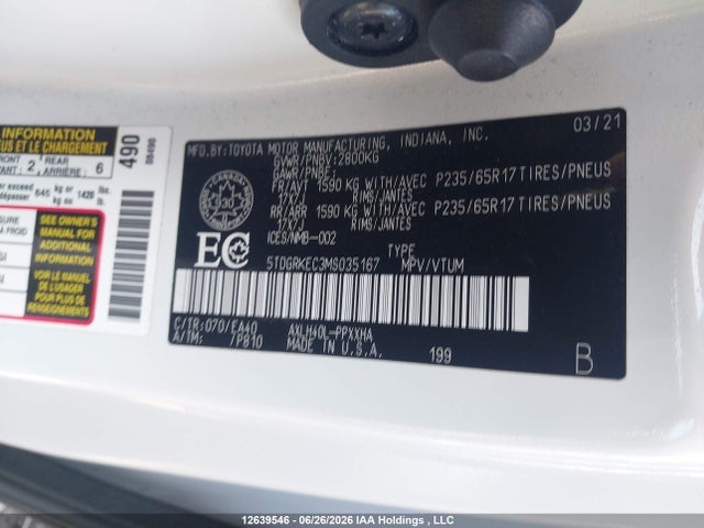 2021 Toyota Sienna Xle 8-passenger მანქანა იყიდება აუქციონზე, vin: 5TDGRKEC3MS035167, აუქციონის ნომერი: 12639546