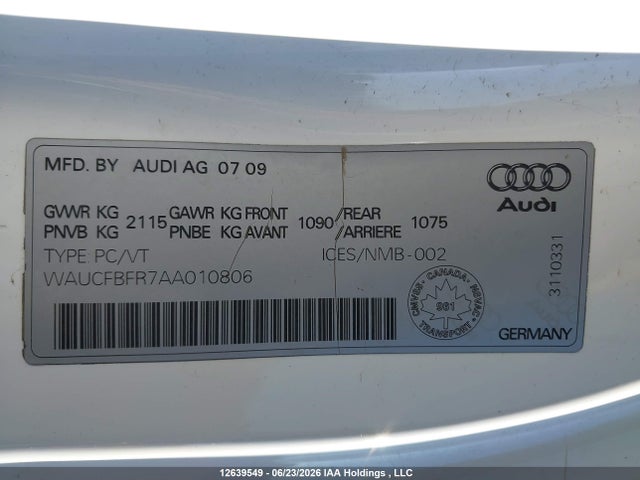 2010 Audi A5 Premium მანქანა იყიდება აუქციონზე, vin: WAUCFBFR7AA010806, აუქციონის ნომერი: 12639549