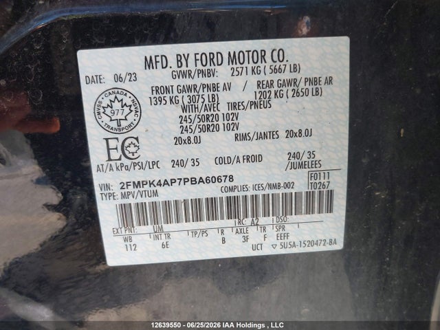 12639550 :رقم المزاد ، 2FMPK4AP7PBA60678 vin ، 2023 Ford Edge St مزاد بيع