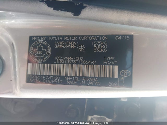 2015 Toyota Prius C მანქანა იყიდება აუქციონზე, vin: JTDKDTB33F1586492, აუქციონის ნომერი: 12639556