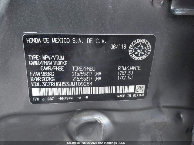 Продажа на аукционе авто 2018 Honda Hr-v Ex, vin: 3CZRU6H53JM109284, номер лота: 12639558