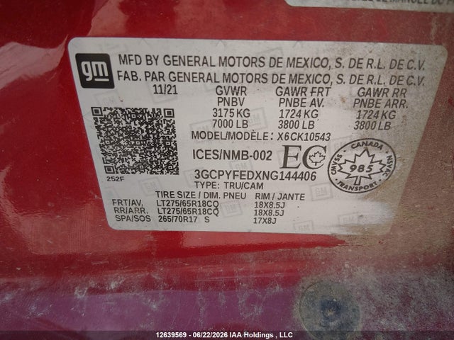 12639569 :رقم المزاد ، 3GCPYFEDXNG144406 vin ، 2022 Chevrolet Silverado Ltd K1500 Lt Trail Boss مزاد بيع