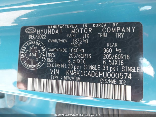 Aukcja sprzedaży 2023 Hyundai Kona Essential Awd, vin: KM8K1CAB6PU000574, numer aukcji: 12639571