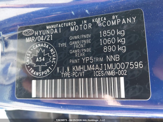 Продаж на аукціоні авто 2021 Hyundai Elantra Blue, vin: KMHLM4AJ1MU007596, номер лоту: 12639573