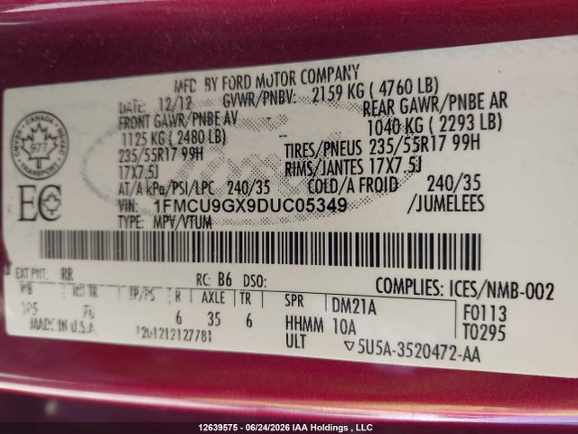 12639575 :رقم المزاد ، 1FMCU9GX9DUC05349 vin ، 2013 Ford Escape Se مزاد بيع