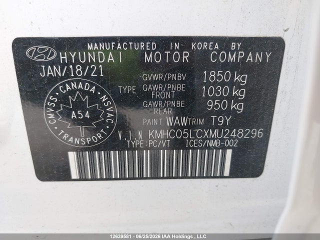 12639581 :رقم المزاد ، KMHC05LCXMU248296 vin ، 2021 Hyundai Ioniq Limited مزاد بيع