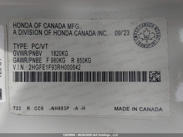 2HGFE1F93RH000642 Honda Civic Touring