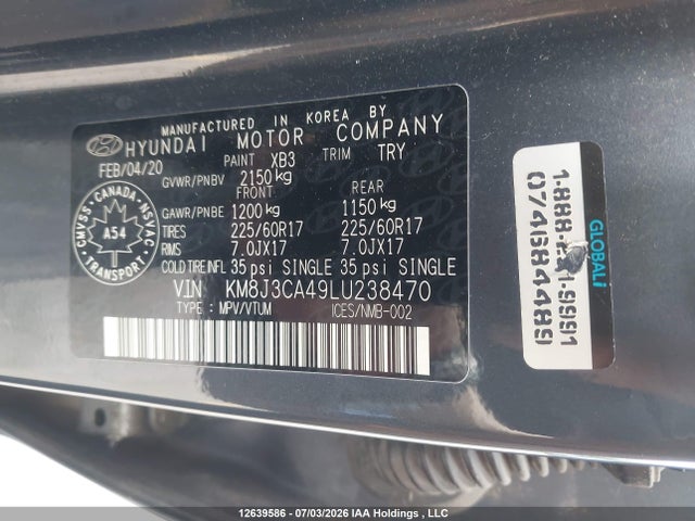 Продаж на аукціоні авто 2020 Hyundai Tucson Preferred Awd, vin: KM8J3CA49LU238470, номер лоту: 12639586