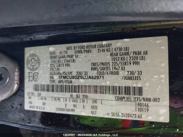 12639591 :رقم المزاد ، 1FMCU9DZ5LUA62971 vin ، 2020 Ford Escape Titanium Hybrid مزاد بيع
